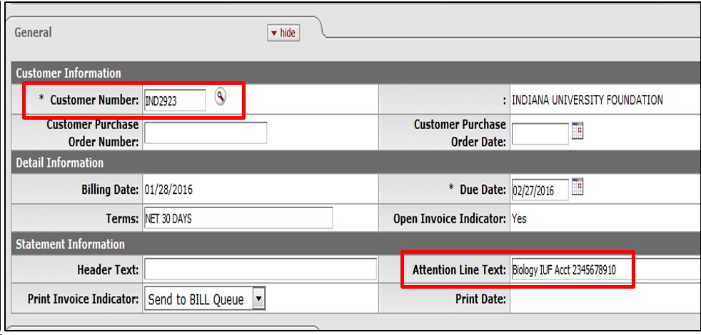 Input Screen to Generate an Invoice in KFS to IU Foundation