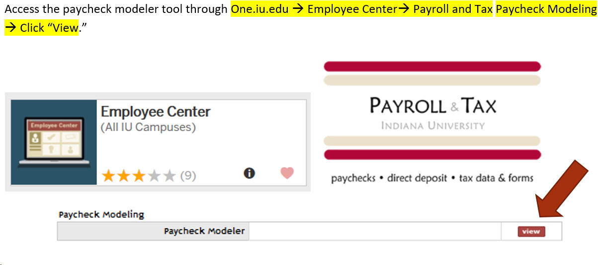One.IU navigation to Payroll and Tax Paycheck Modeling.
