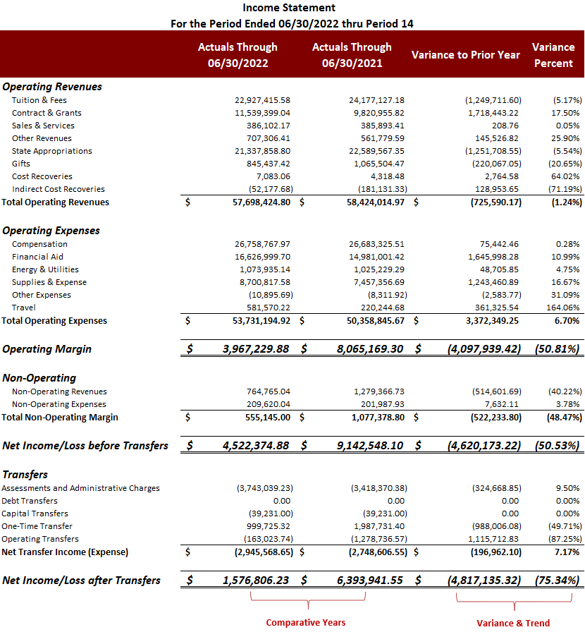 Screenshot of an income statement