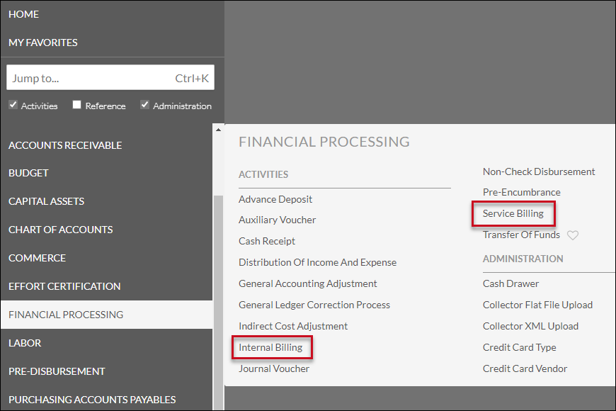 Screen displays Financial Processing options