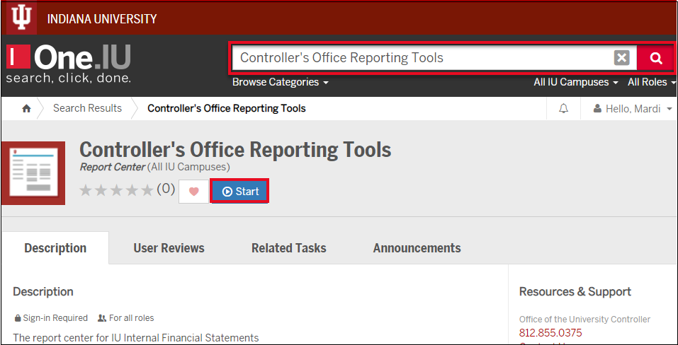 Screenshot of Controller's Office Reporting Tools in One.IU