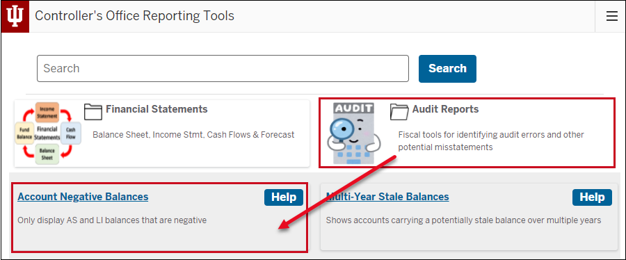 Screenshot highlighting where to click to find Accoutn Negative Balance report