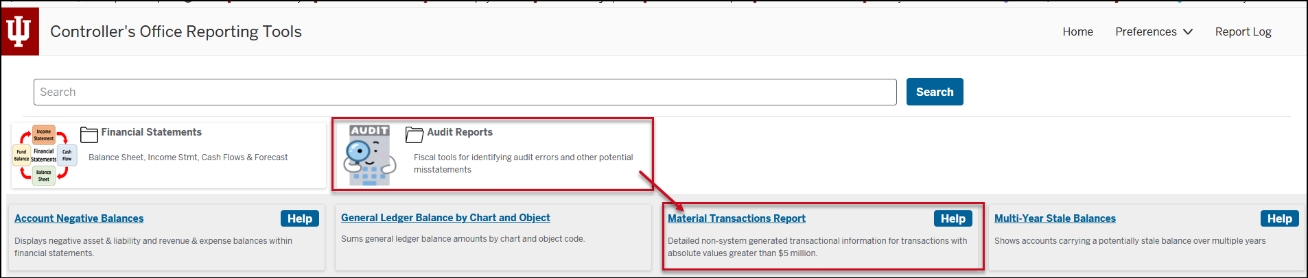Screenshot highlighting where to click to find the Material Transactions Report