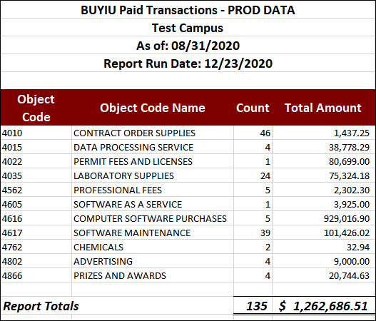 Report showing total amounts paid by object code