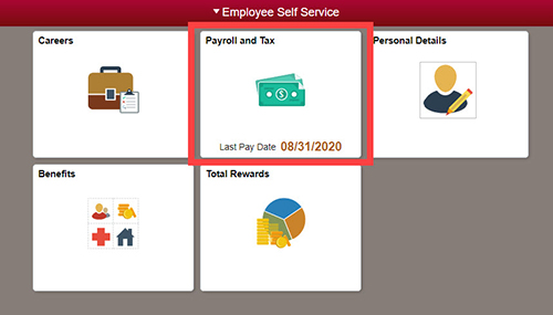 Screenshot of Employee Center highlighting the Payroll and Tax tile