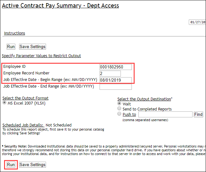 Screenshot of Active Contract Pay Summary Query