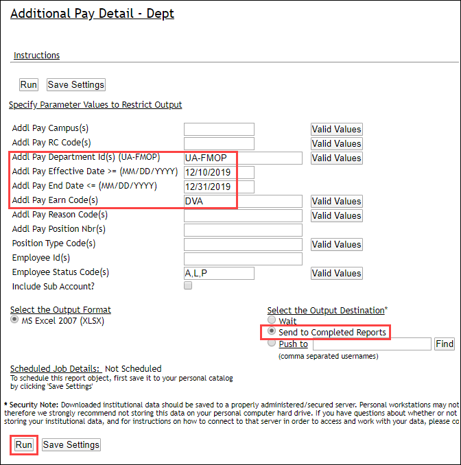 Screenshot of Additional Pay Detail Query
