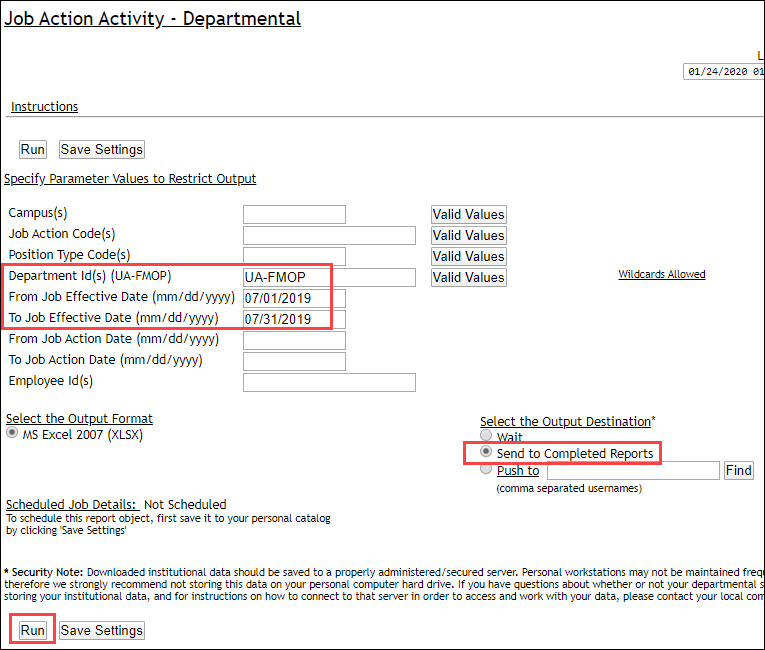 Screenshot of Job Action Activity Departmental Query