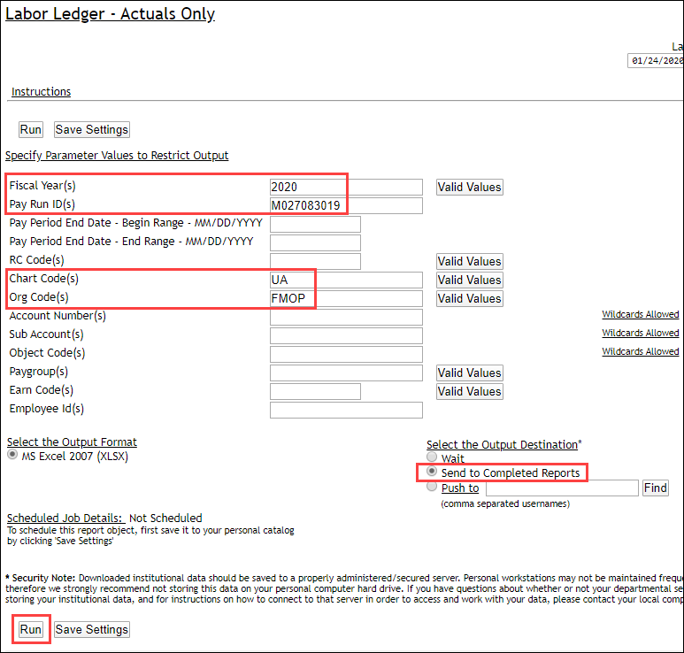 Screenshot of Labor Ledger Actuals Only Query