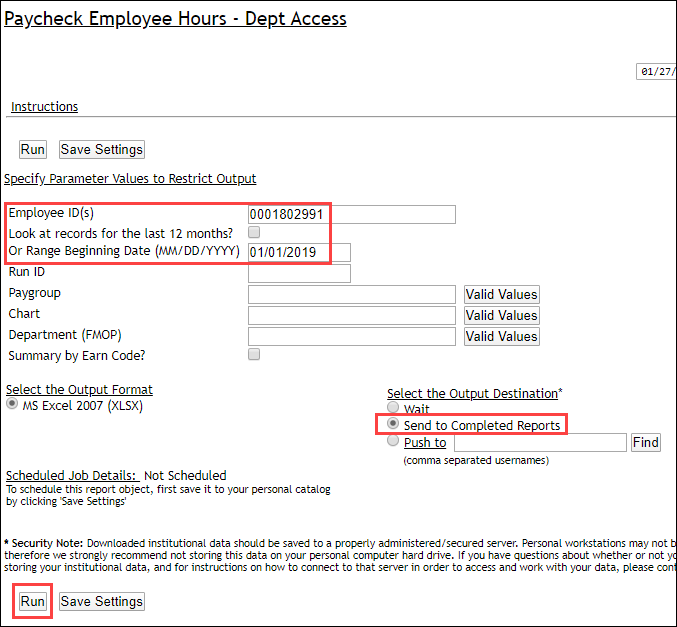 Screenshot of Paycheck Employee Hours Query