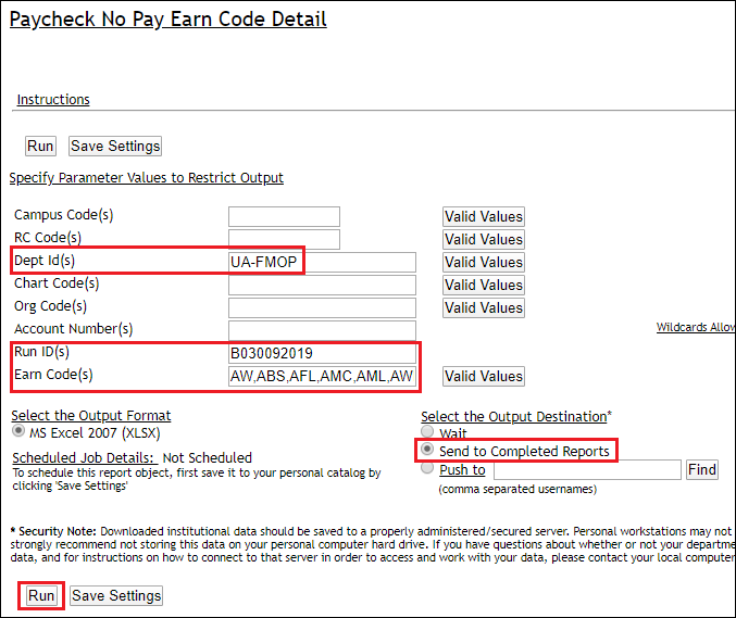 Screenshot of Paycheck No Pay Earn Code Detail Query