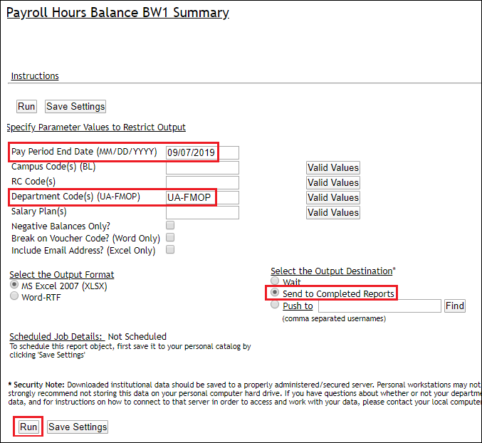 Screenshot of Payroll Hours Balance BW1 Summary Query