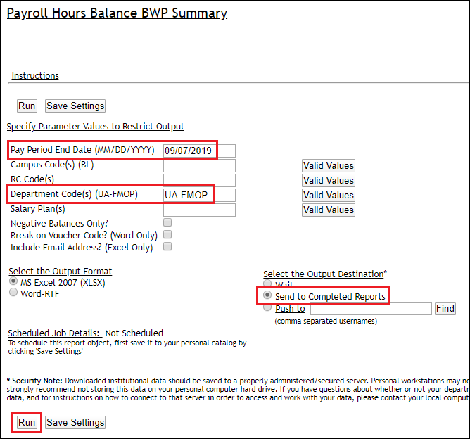Screenshot of Payroll Hours Balance BWP Summary Query