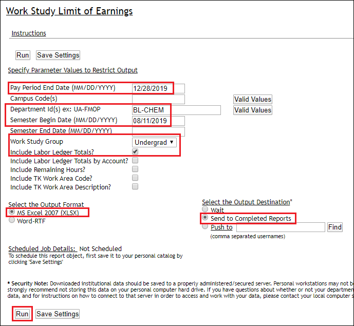 Screenshot of Work Study Limit of Earnings Query